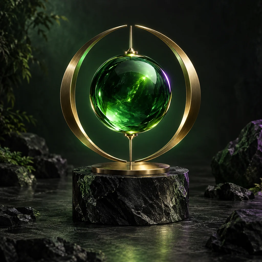 Bola kaca hijau dengan cincin emas di atas batu gelap